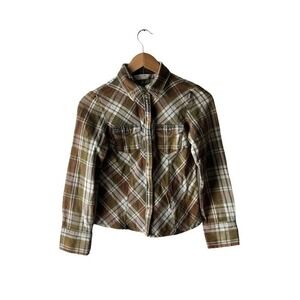At Last New York Women's Size S Drab Green Plaid Flannel Snap Front Shirt